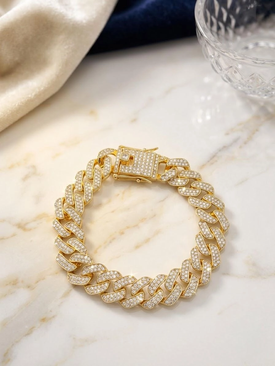 VIP Gold Zirkon Taşlı Küba Zincir Bileklik