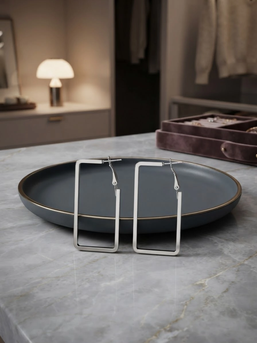 Minimalist Silver Dikdörtgen Halka Küpe