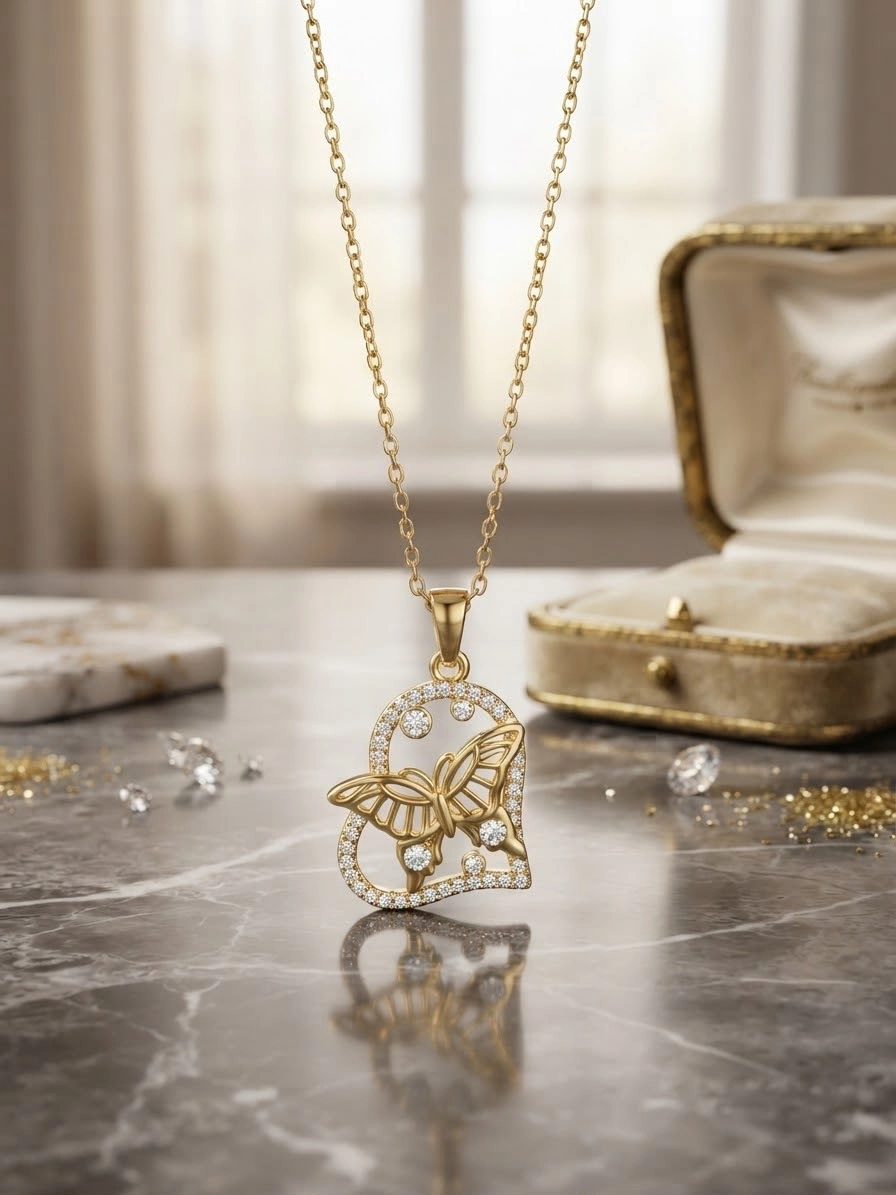 Zirkon Taşlı Kalp İçinde Kelebek Tasarımlı Gold Renk Kolye