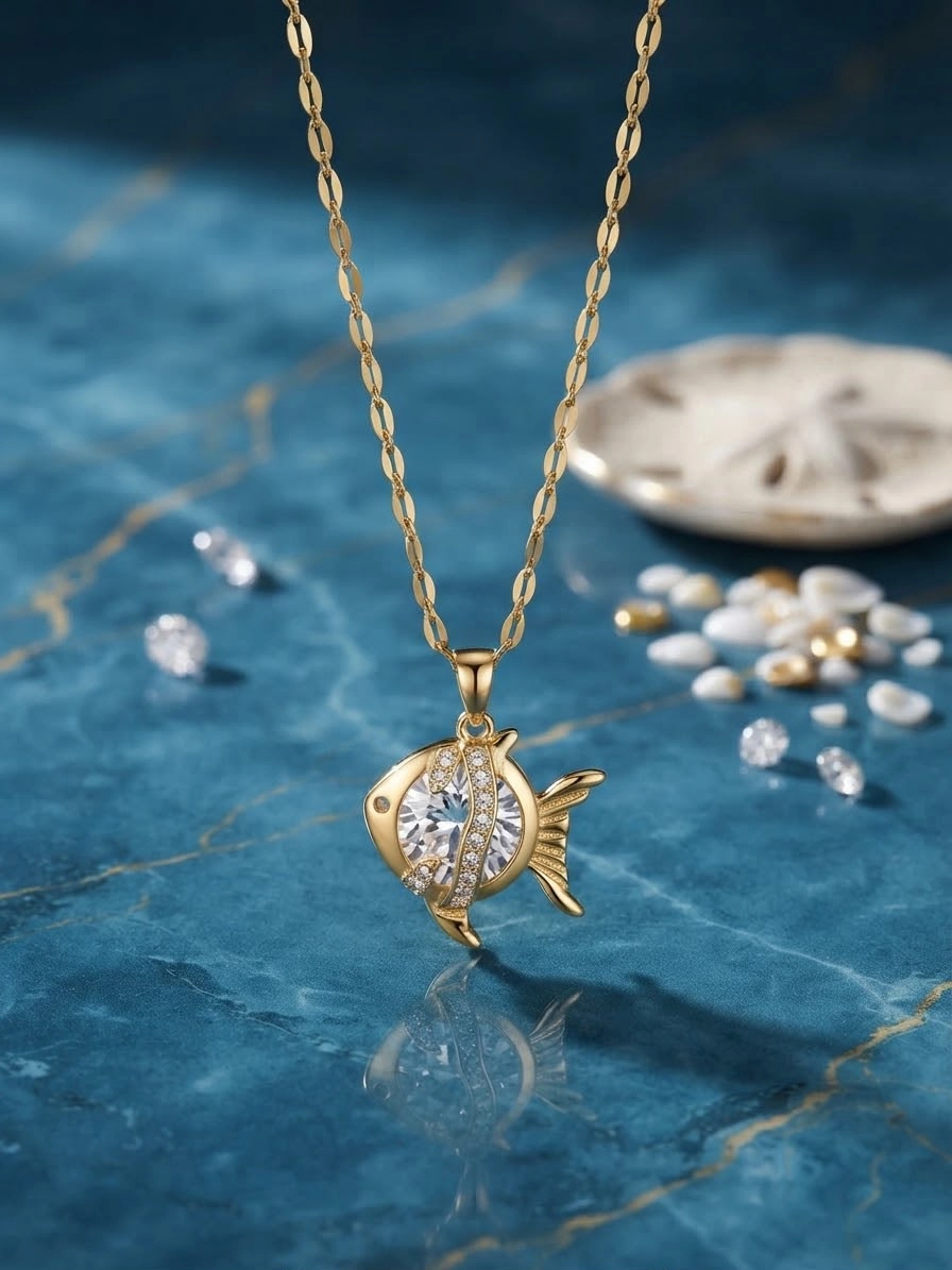 Zirkon Taş Detaylı Büyük Tek Taşlı Balık Figürlü Gold Renk Kolye