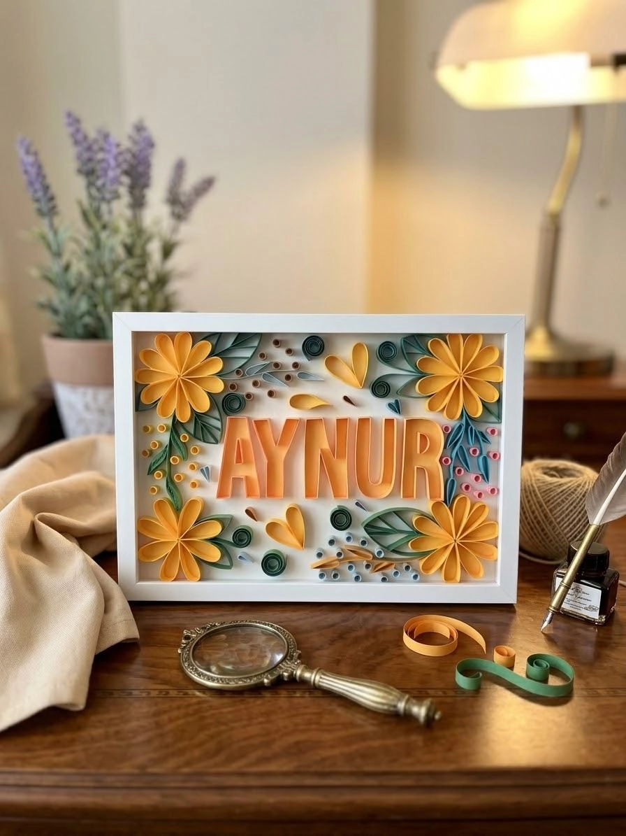 El Yapımı 3D Quilling İsimli Ahşap Çerçeveli Duvar Dekoru