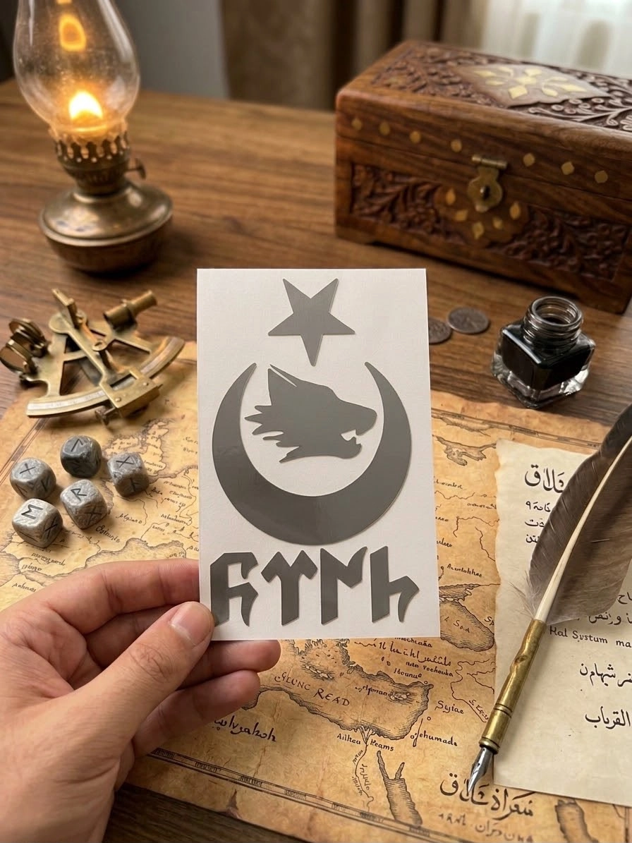 Türk Yazılı Kurt Ve Ay Yıldız Gümüş Sticker (14 x 8,5 cm)