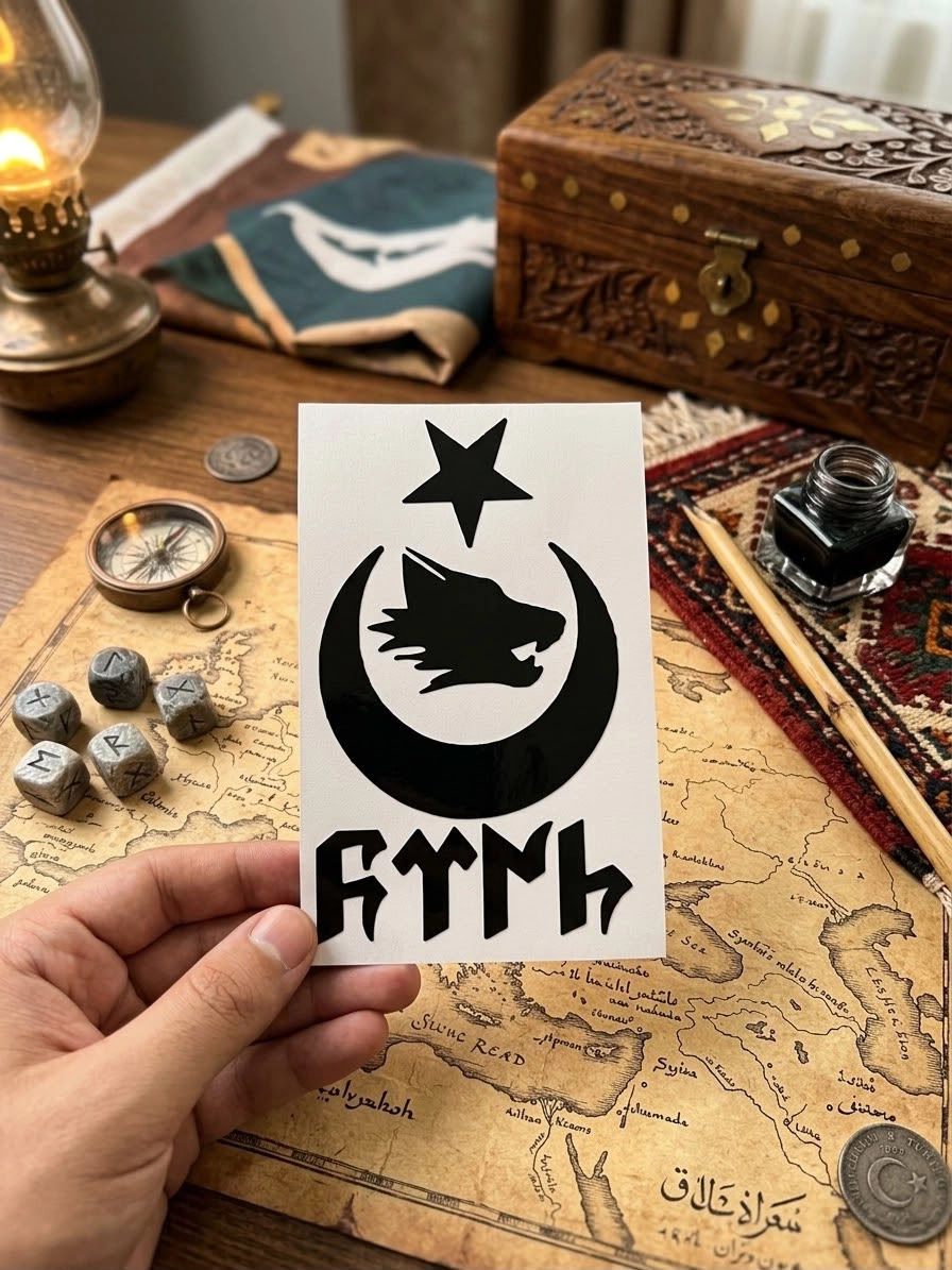 Türk Yazılı Kurt Ve Ay Yıldız Siyah Sticker (14 x 8,5 cm)