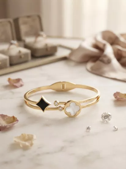 Yonca ve Zirkon Süslemeli İkili Model Gold Bileklik