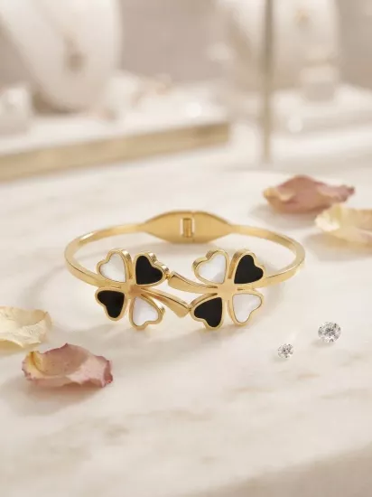 Yonca ve Zirkon Süslemeli İkili Model Gold Bileklik