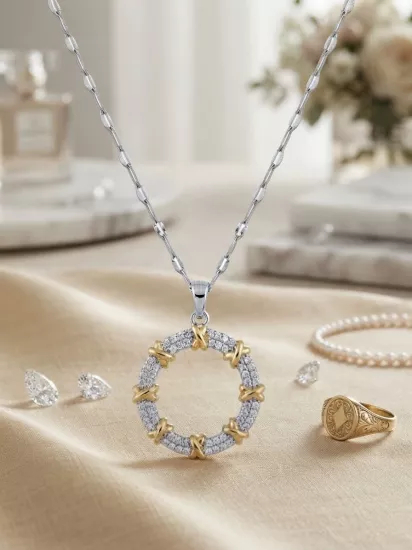 Zirkon Taşlı ve X Detaylı Lüks Gümüş Kolye
