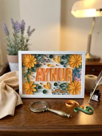 El Yapımı 3D Quilling İsimli Ahşap Çerçeveli Duvar Dekoru