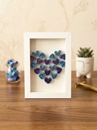 3D Mavi Quilling Kalp Tasarım Beyaz Ahşap Masa & Duvar Dekoru
