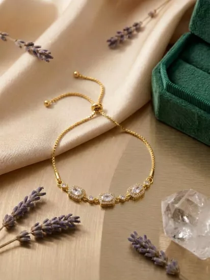 Şık Zirkon Taşlı Asansör Mekanizmalı Gold Bileklik