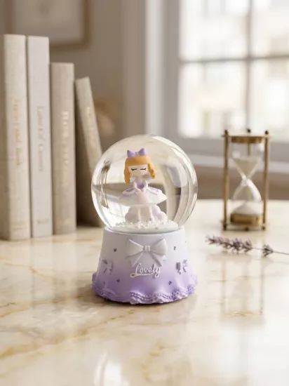 Lovely Lila Kız Figürlü Cam Kar Küresi