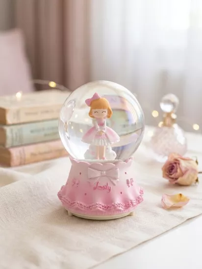 Pembe Elbiseli Sevimli Kız Temalı Orta Boy Kar Küresi