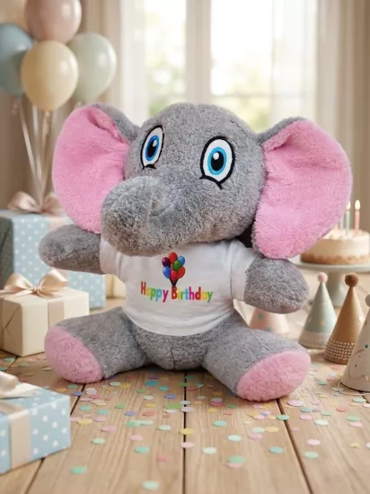 Tişörtlü Pembe Kulaklı Peluş Fil – 24 cm Doğum Günü Temalı
