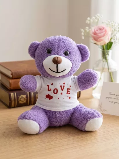 love Baskılı Tişörtlü Mor Ayıcık