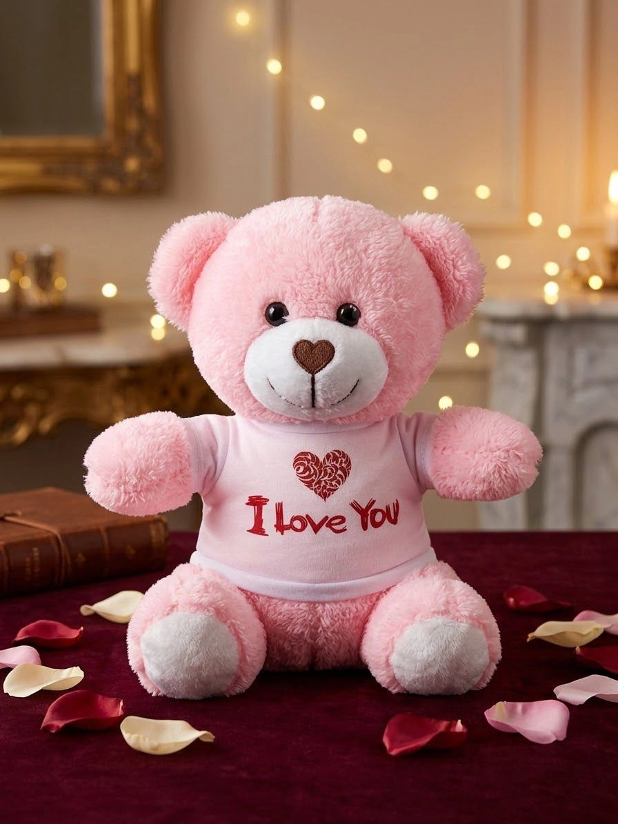 I Love You Baskılı Tişörtlü Pembe Ayıcık